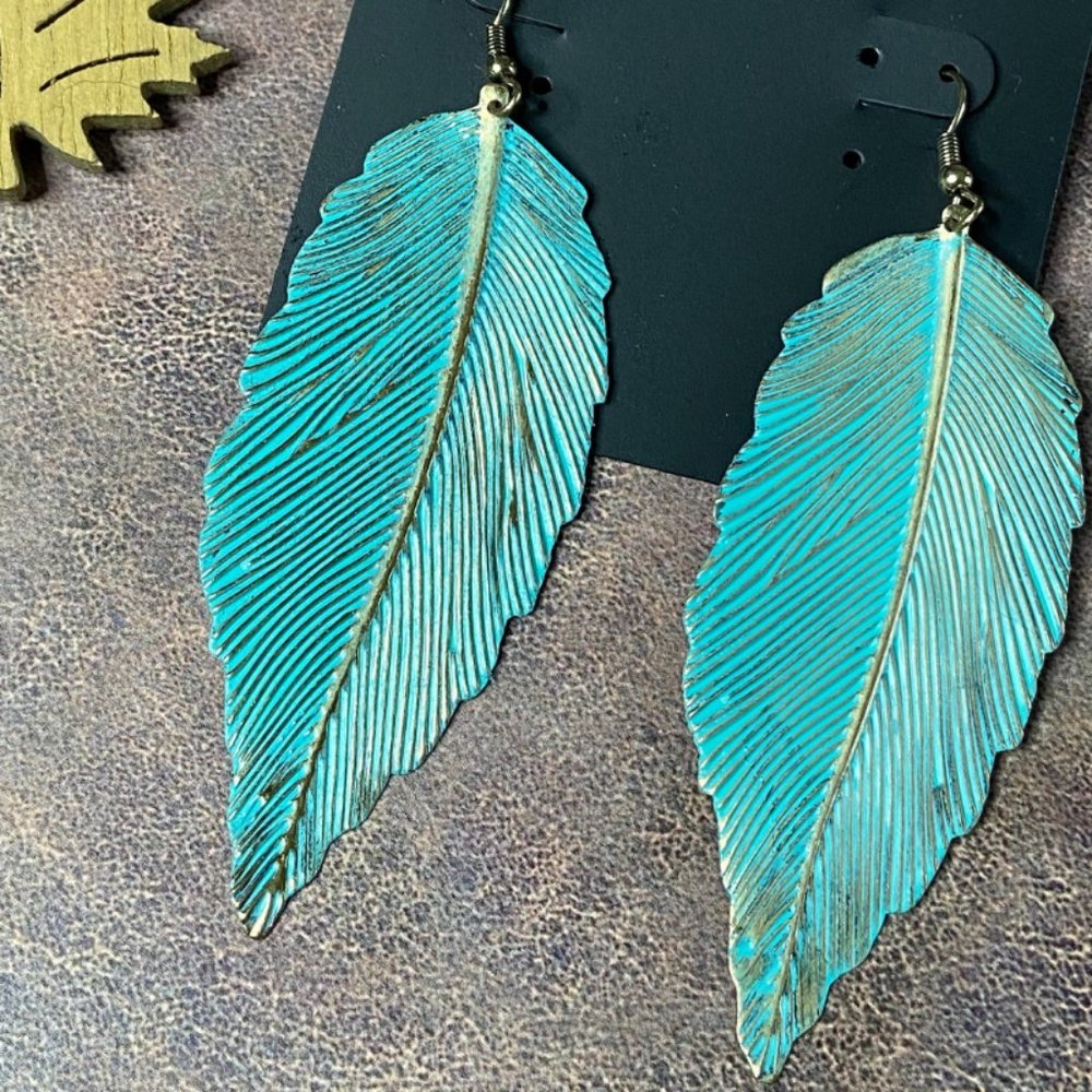 Goldtone Patina Leaf Drop Earrings - Picture 2 of 9